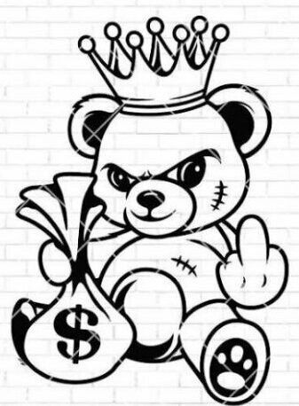 a black and white drawing of a teddy bear with a crown on its head sitting next to a dollar sign