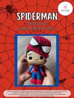 the spiderman crochet pattern is shown in front of a red book cover