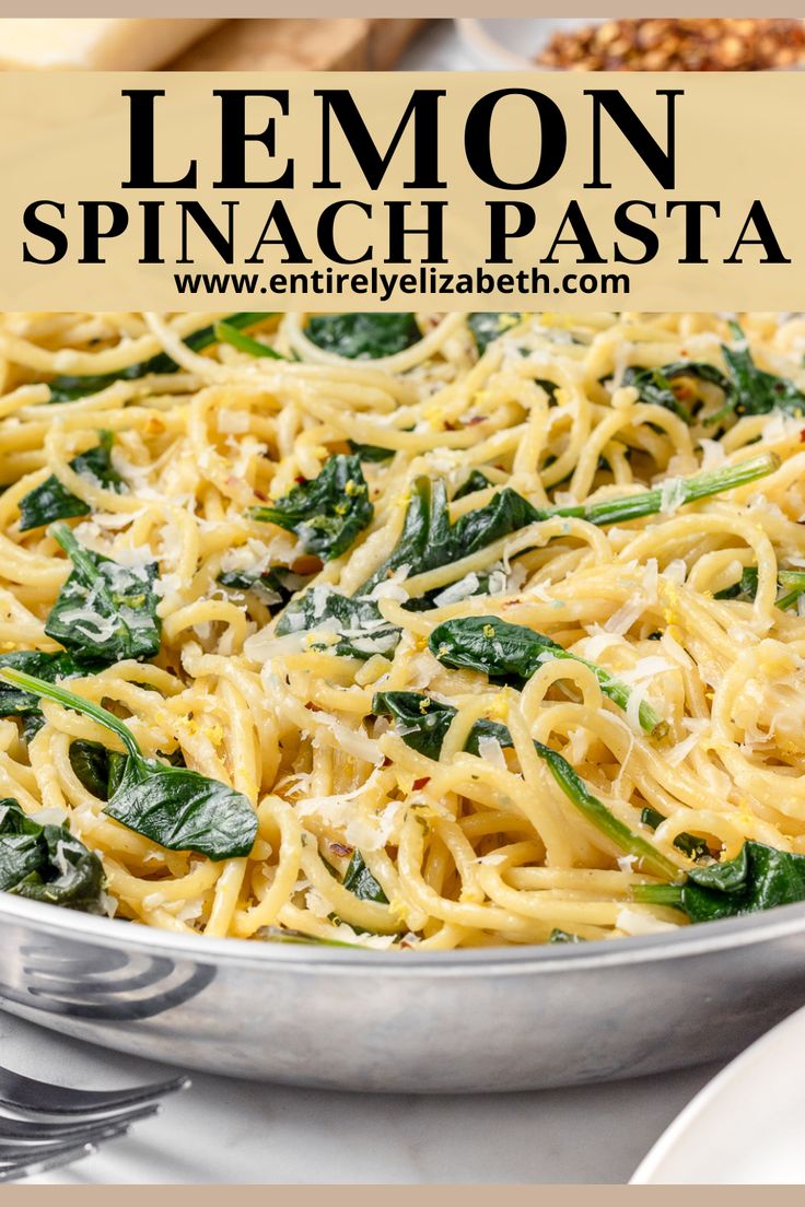 lemon spinach pasta in a pan on a table