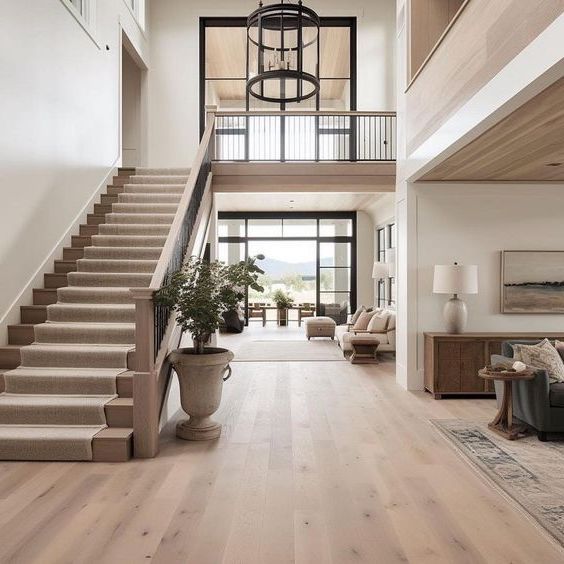 a living room filled with lots of furniture and a staircase leading up to the second floor