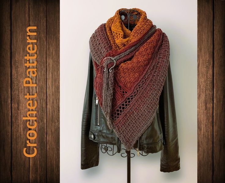 a leather jacket and scarf hanging on a coat rack next to a wooden wall with text overlay that reads, modern crocheted scarves