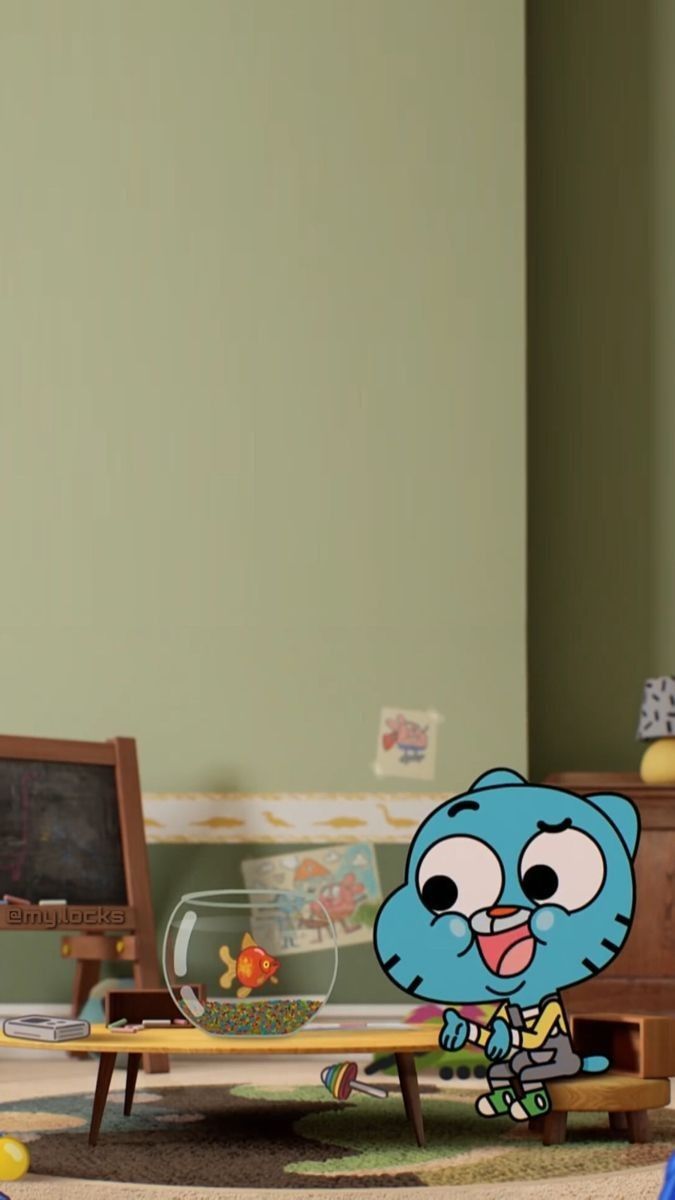 a cartoon character sitting in front of a tv on top of a wooden table next to a bowl of fruit