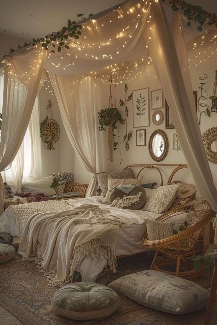 a bedroom with lights strung over the bed