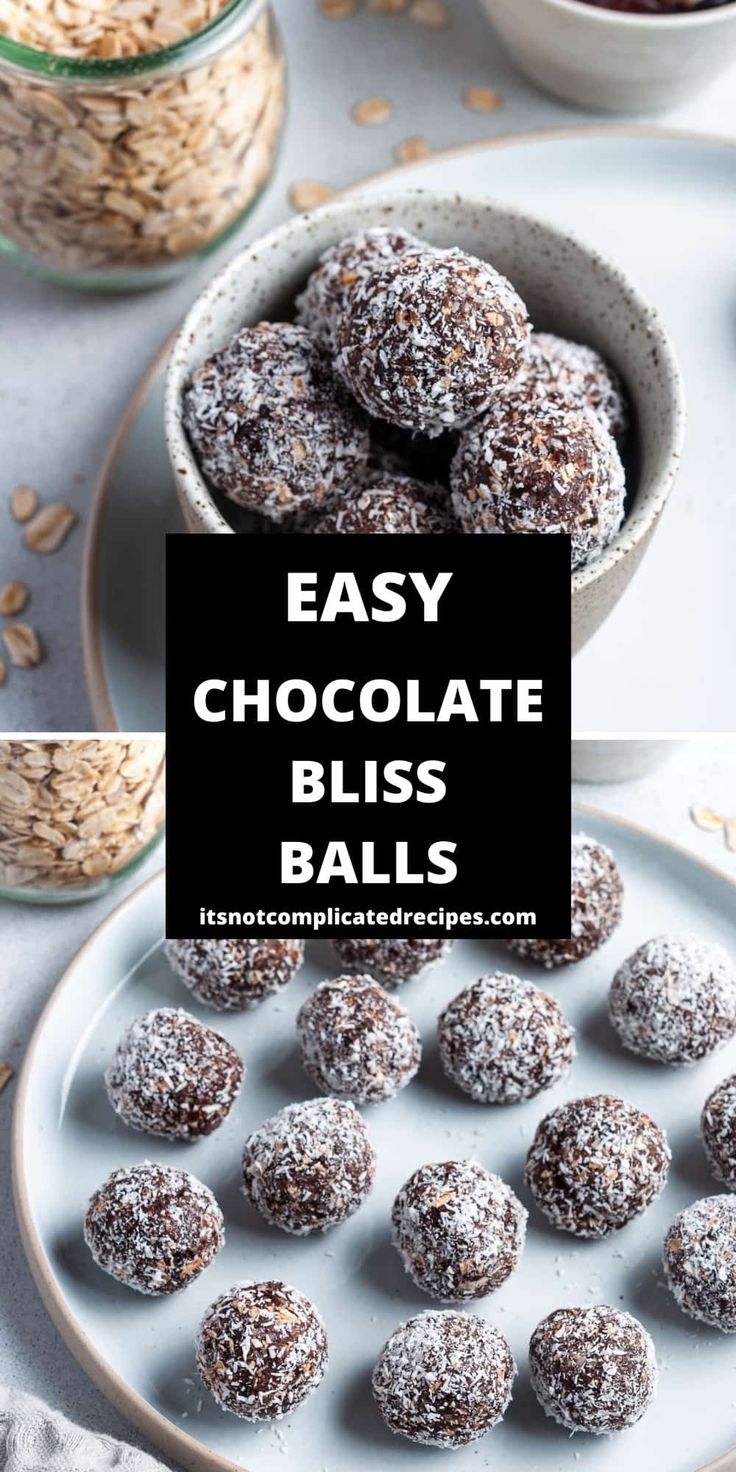 chocolate bliss balls on a plate with oats in the background and text overlay that reads easy chocolate bliss balls