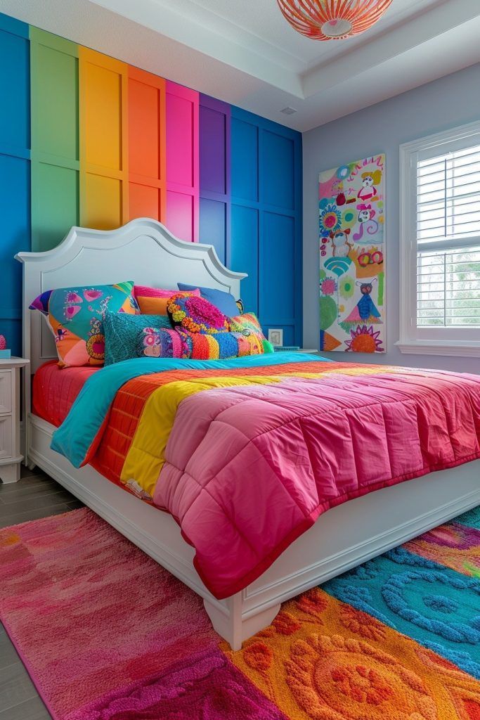 a brightly colored bedroom with colorful walls and rugs on the floor in front of the bed