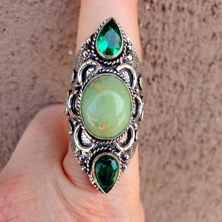 Brand New Handmade Oversized Chrysoprase And Peridot Silver Statement Ring. Size 9 925 Stamped New To Poshmark? Use Referral Code Kimberlyn222 To Receive $10. Bohemian Green Gemstone Jewelry, Bohemian Green Crystal Ring, Bohemian Green Rings With Gemstone Accents, Green Opal Ring Spiritual Style, Vintage Green Opal Ring, Green Opal Spiritual Ring, Nickel Free Green Bohemian Rings, Nickel-free Green Bohemian Rings, Bohemian Sterling Silver Emerald Ring