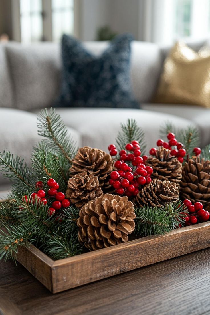 pine cones and berries sit in a wooden tray on a coffee table next to a couch