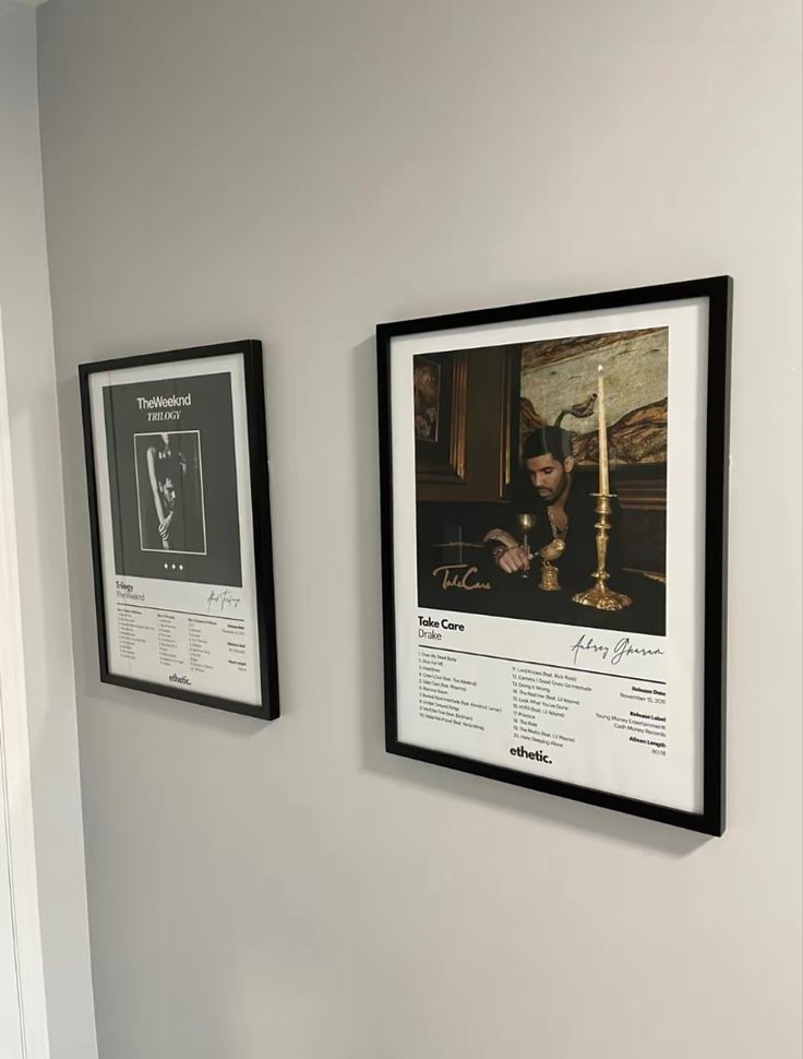 two framed photographs hang on the wall next to each other