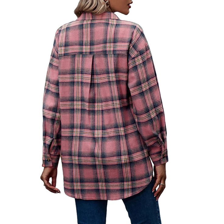 Pink Plaid Print Boyfriend Button Shirt Pink Casual Winter Shirt, Plaid Tops With Casual Collar And Button Closure, Pink Long Sleeve Flannel Shirt For Fall, Fall Button-up Shirt With Button Closure, Casual Fall Shirt With Buttoned Pockets, Pink Collared Shirt For Fall, Pink Long Sleeve Casual Flannel Shirt, Casual Pink Long Sleeve Flannel Shirt, Casual Pink Shirt With Casual Collar