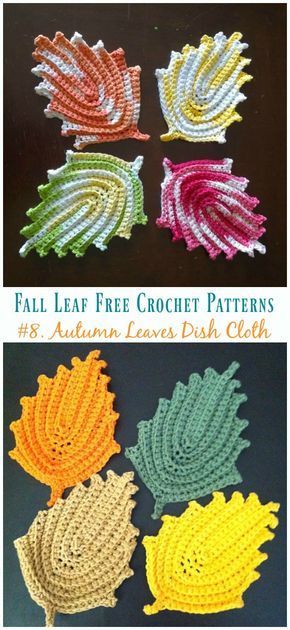 four crocheted leaves are shown in three different colors and one has the same pattern