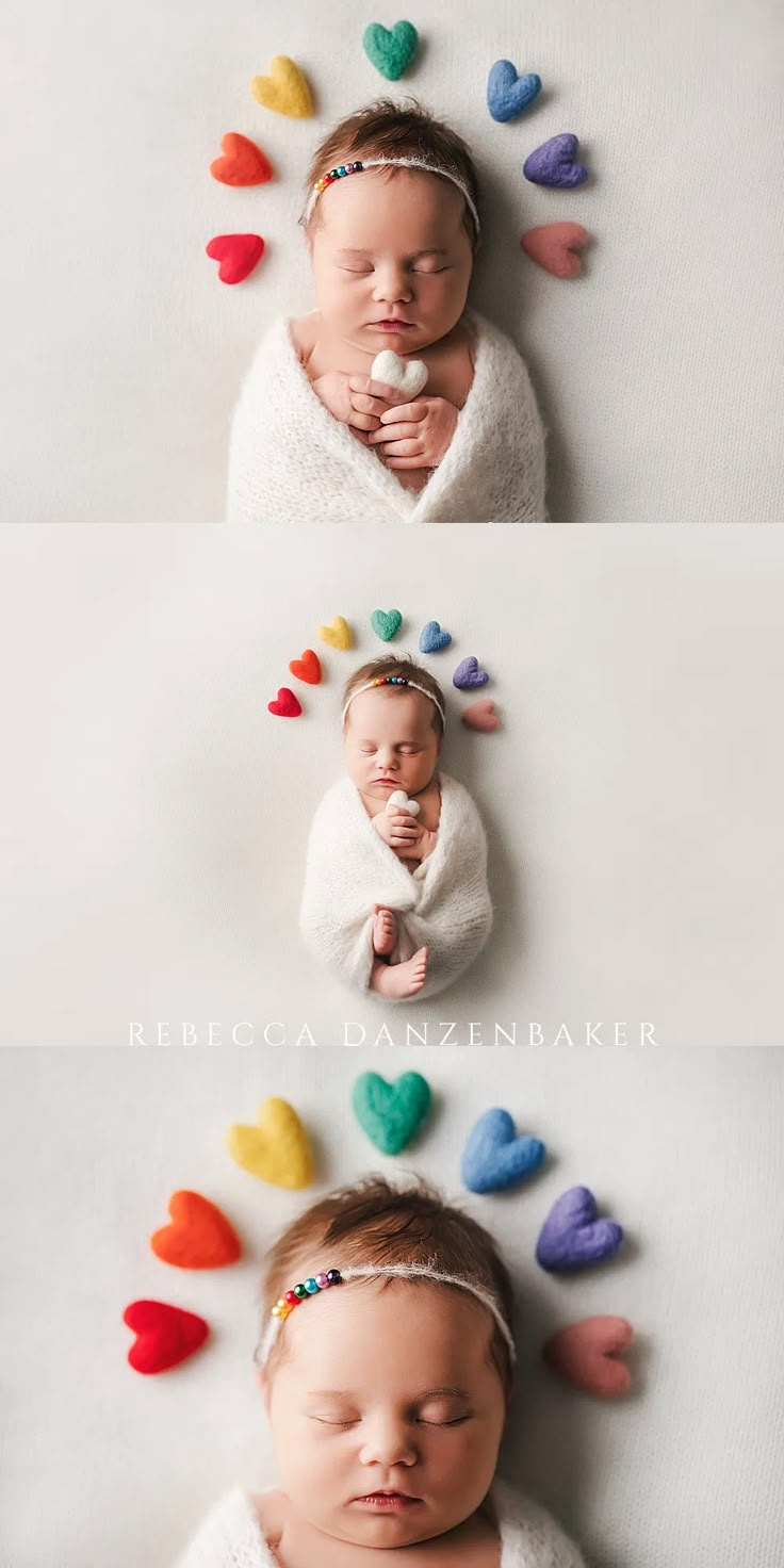 portraits of newborn baby in white wrap with rainbow-colored hearts making a halo over her head Baby Shoot Ideas Newborn, Born Baby Photoshoot, Newborn Baby Photoshoot Ideas, Baby Shoot Ideas, Rainbow Photoshoot Baby, Rainbow Baby Photoshoot, Rainbow Theme Baby Photoshoot, Rainbow Newborn Pictures, Ivf Newborn Photography