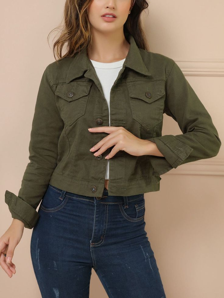 Verde Escuro  Collar  Jeans   Embellished Não elástico Primavera / Outono,Inverno Outfit Uni, Jeans Embellished, Style Moodboard, Gwen Stacy, Denim Jacket Women, Green Jacket, Jeans Shorts, Jean Outfits, Denim Women