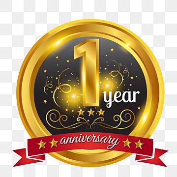 a gold and black one year anniversary badge with red ribbon, logo, emblem, label png and psd