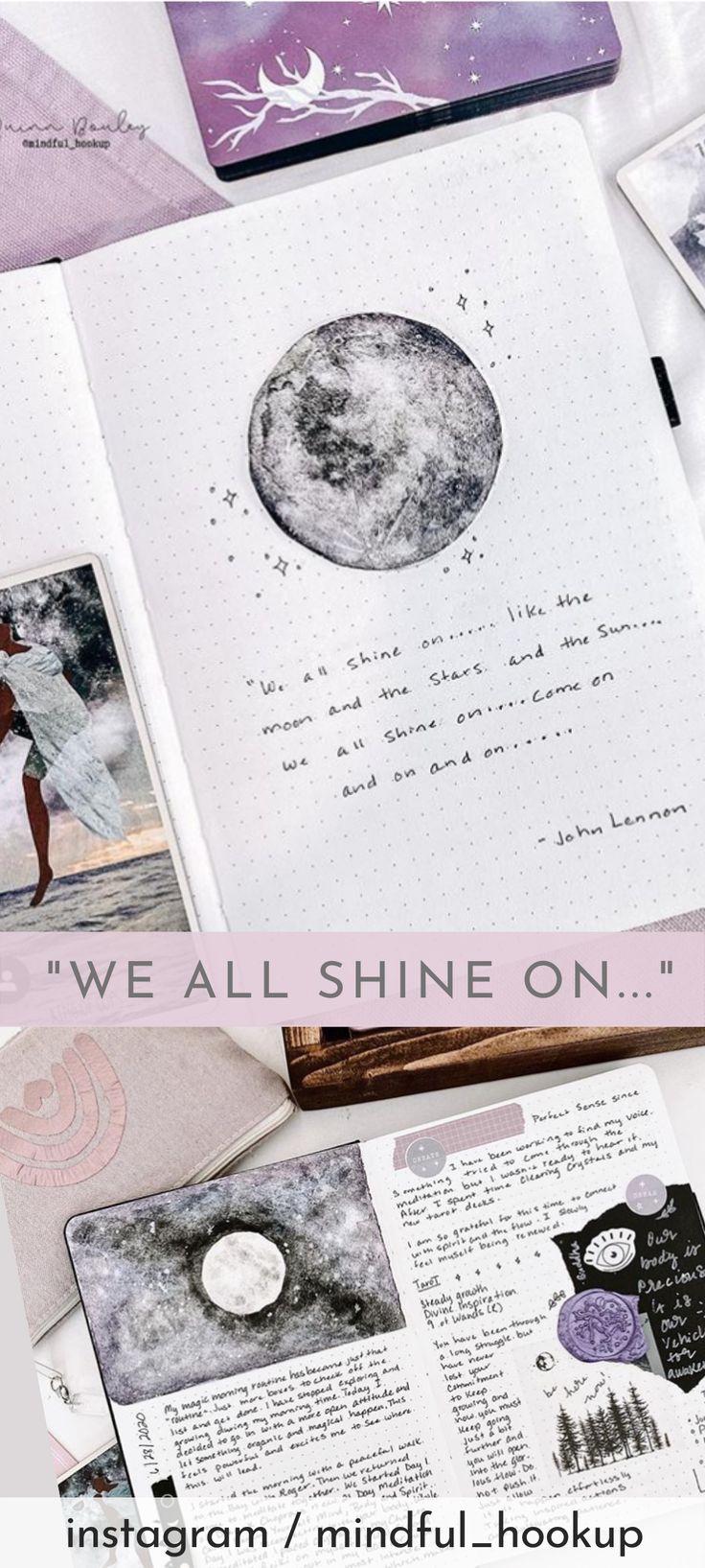 the inside pages of an open notebook with pictures and text on it that reads, we all shine on