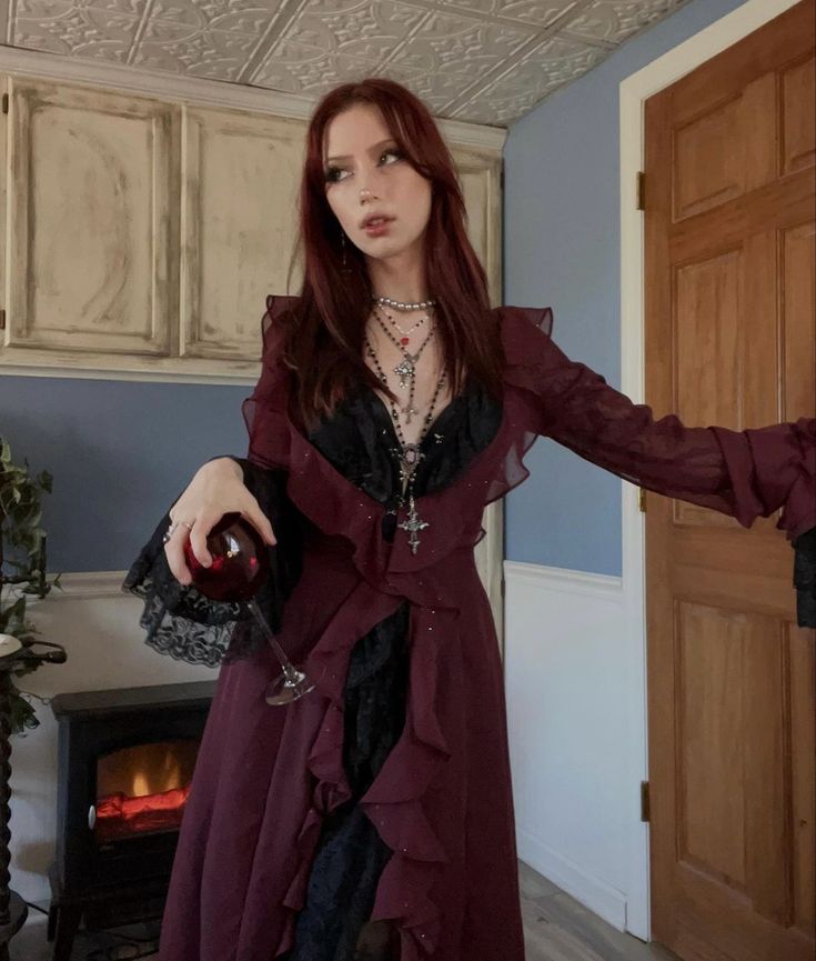 Red hair, cross necklace,glass of wine,red &black dress, Valentine’s Day outfit Feminine Aesthetic Makeup, Dark Feminine Aesthetic Makeup, Rockstar Girlfriend Makeup, Love Core Aesthetic, Rockstar Girlfriend Outfit, Dark Feminine Makeup, Lana Del Rey Outfits, Ren Faire Outfits, Dark Red Dresses