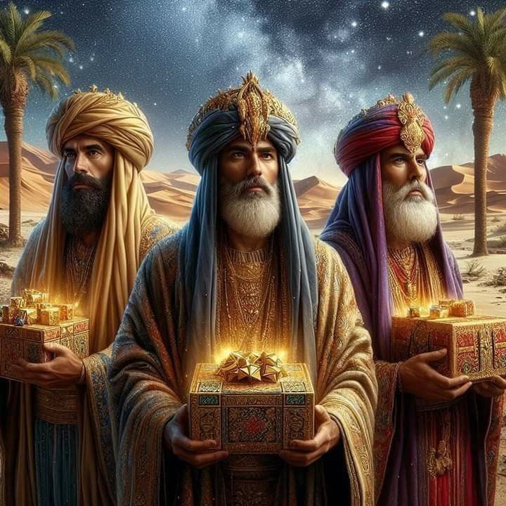 the three wise men are holding gifts in their hands and looking up at the sky