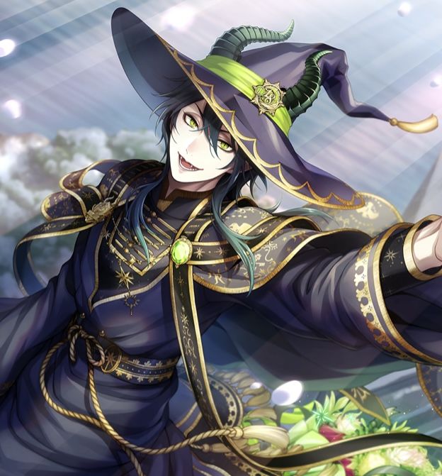 an anime character dressed as a witch holding a wand and looking at the camera while standing in front of clouds