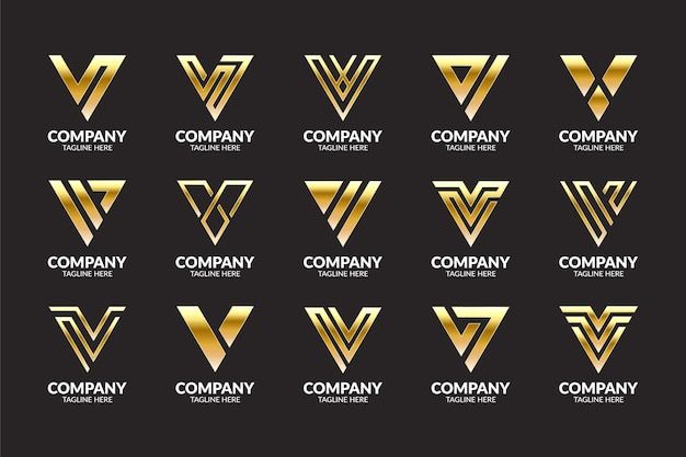 set of logos with golden letters on black background, for business and company brandings