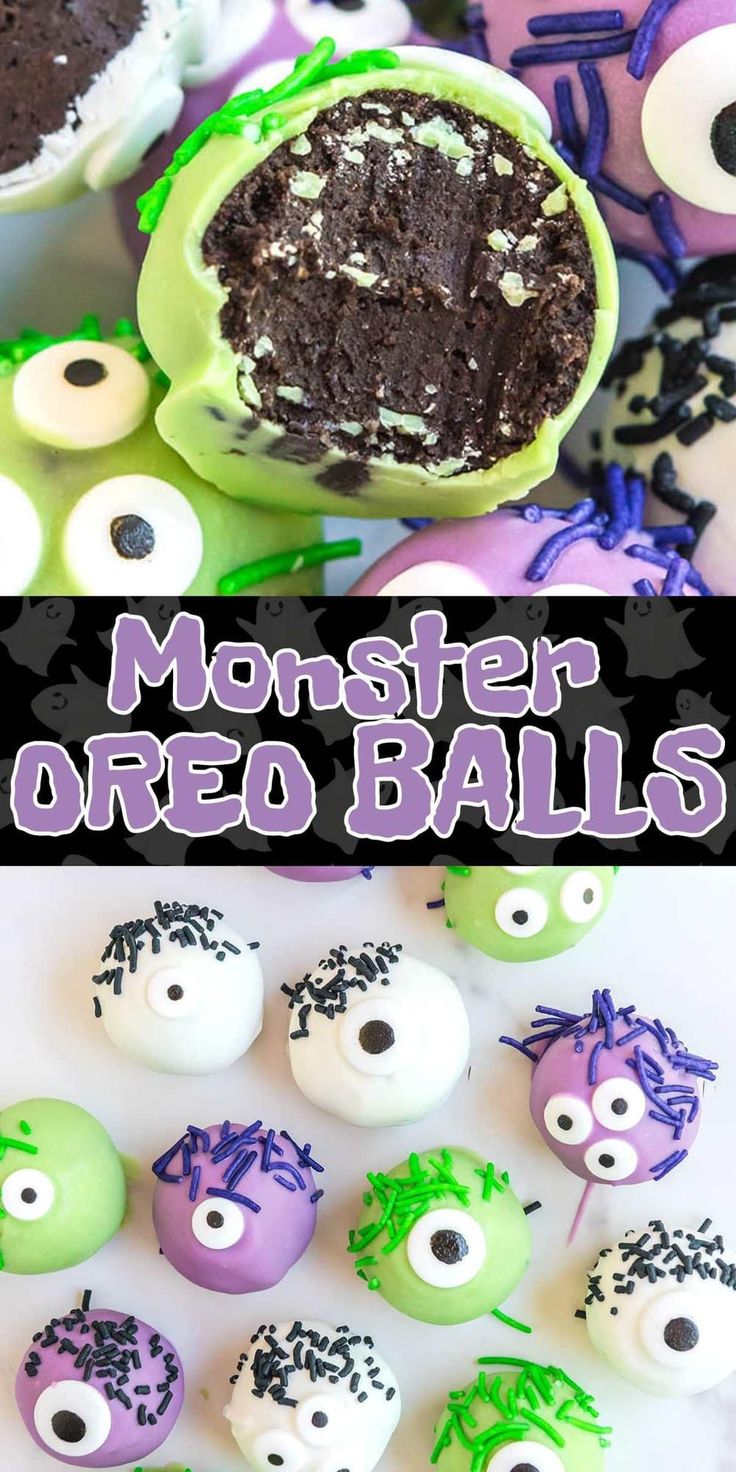 monster oreo balls with chocolate frosting and sprinkles in the middle