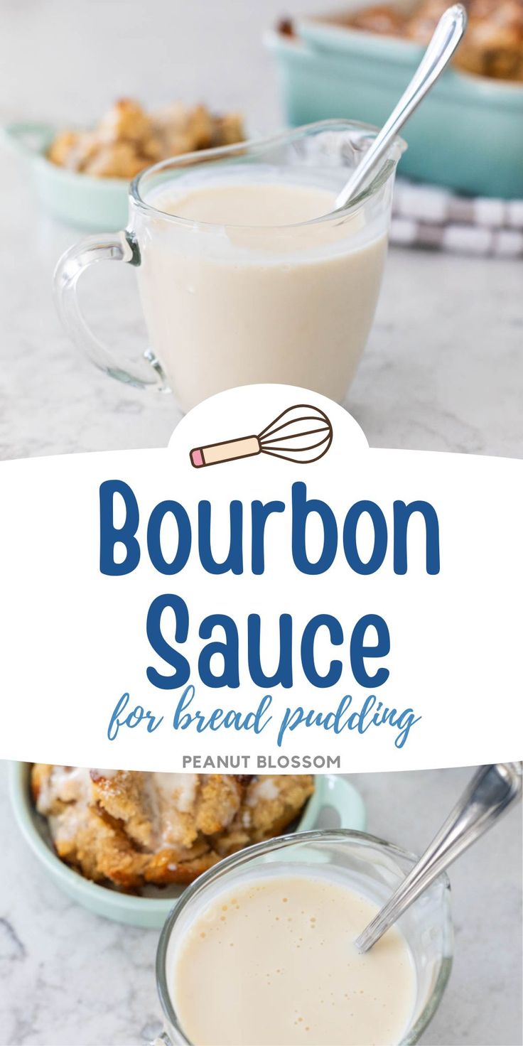 bourbon sauce for bread pudding in a glass bowl next to a spoon and plate with baked goods