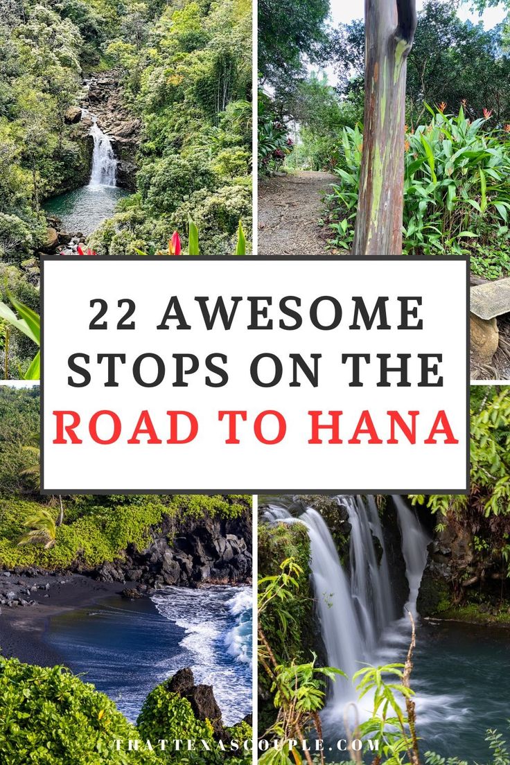 the road to hana falls with text overlay reading 22 awesome stops on the road to hana