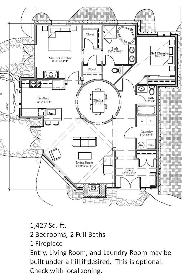 the floor plan for an apartment with two bedroom, 2 bathroom and laundry room may be built under a hill