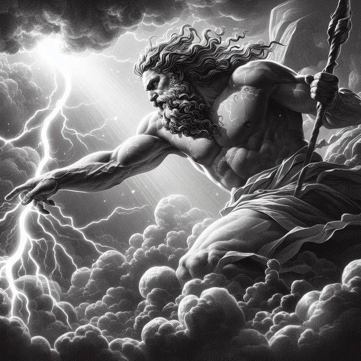 a man with a spear in his hand on top of a cloud covered sky and lightning behind him