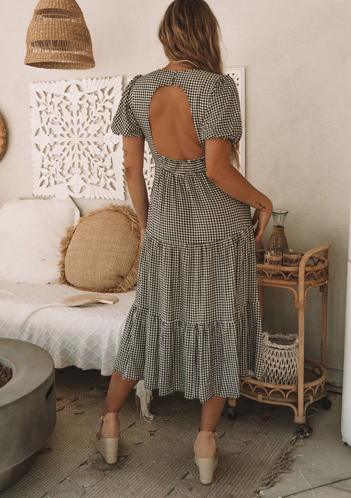 Women's Dress - Small Gingham Midi Dress | LOVESTITCH Chic Plaid Beach Dress, Knee-length Ruffled Midi Dress For Picnic, Chic Gingham Maxi Dress For Summer, Summer Gingham Dress With Tiered Skirt, Puff Sleeve Dress With Ruffle Hem For Picnic, Chic Gingham Midi Dress For Summer, Chic Gingham Midi Dress With Ruffles, Gingham Midi Dress With Short Sleeves For Brunch, Gingham Short Sleeve Midi Dress For Brunch