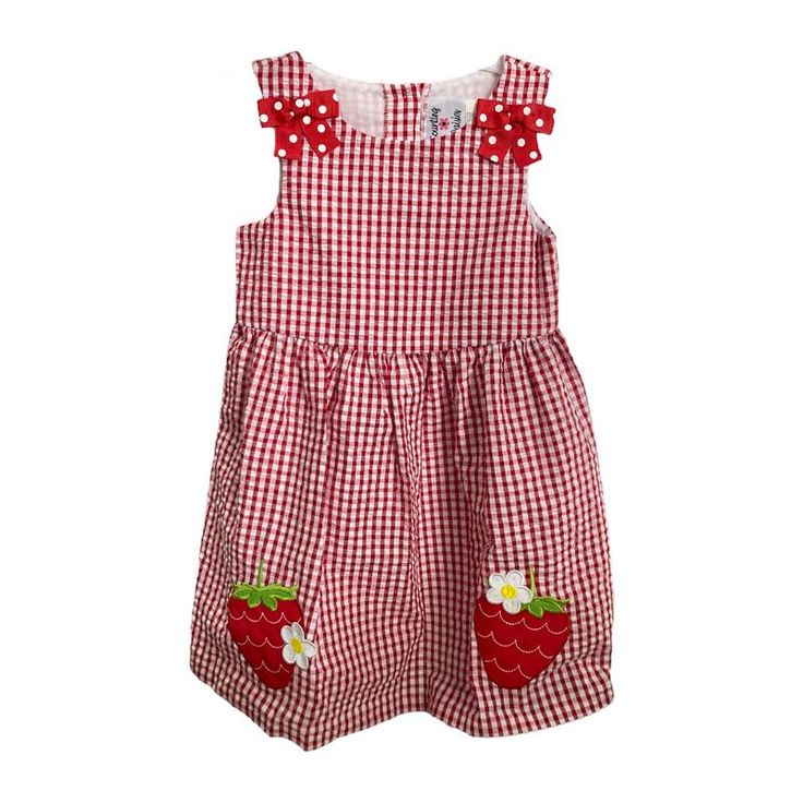 *Larger Sizes Do Not Come With Bloomers.* You Can't Go Wrong With Counting Daisies Adorable And Playful Collection Of Applique Seersucker Dresses. The Vibrant Colors, Dimensional Trim, And Detailed Appliques On These Dresses Will Make Your Little One A Trendsetter For The Upcoming Summer Season. Counting Daisies Fun And Whimsical Seersucker Dresses Will Make Dressing Your Little One A Breeze For All Of Their Fun In The Sun Activities. The Counting Daisies Seersucker Dresses Are Available In Grea Summer Strawberry Print Sleeveless Dress, Summer Sleeveless Strawberry Print Dress, Summer Sleeveless Dress With Strawberry Print, Sleeveless Summer Dress With Strawberry Print, Sweet Sleeveless Dress With Strawberry Print, Playful Sleeveless Gingham Dress, Red Cotton Sundress With Ruffles, Sweet Red Sleeveless Dress, Sweet Gingham Dress For Spring