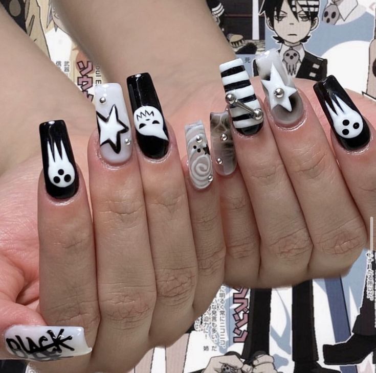 Make And Soul Soul Eater, X On Nails, Black Star Soul Eater Nails, Soul Eater Acrylic Nails, Soul Eater Inspired Nails, Soul Eater Nail Designs, Soul Eater Nails Acrylic, Nail Sets Ideas, Cute Grunge Nails