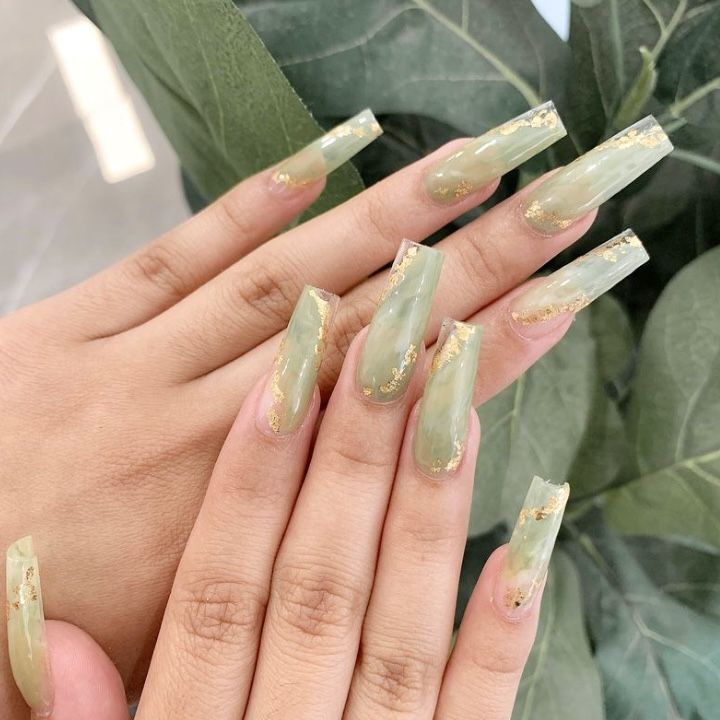 Jade Green Nails Acrylic, Jade Green Nails, Green Nails Acrylic, Quinceanera Nails, Jade Nails, Green Acrylic Nails, Tapered Square Nails, Racun Shopee, Green Nail