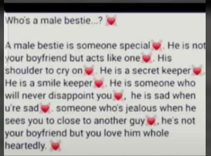 a text message with hearts on it that says, who's a male bestie?