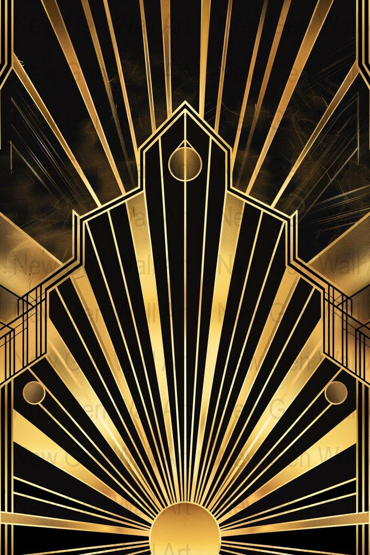 an art deco poster with gold and black colors