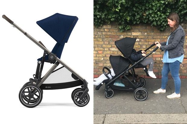 a woman standing next to a stroller and another photo of a baby in it