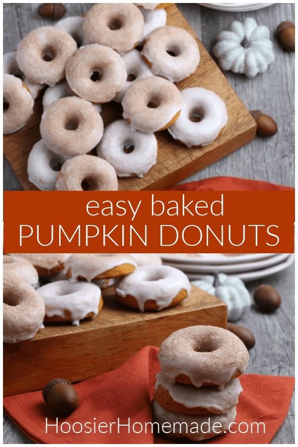 an easy baked pumpkin donuts recipe with white frosting and sprinkles