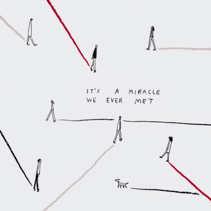 several people walking across a field with one person holding a dog and the other has a red line that says it's a mirage we ever met