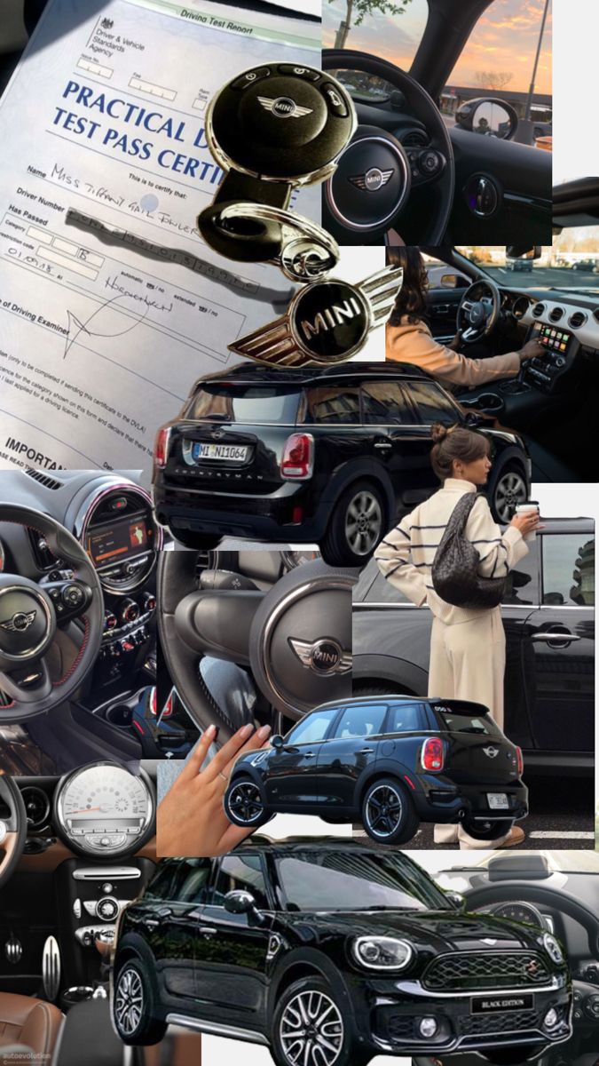 a collage of cars, people and papers