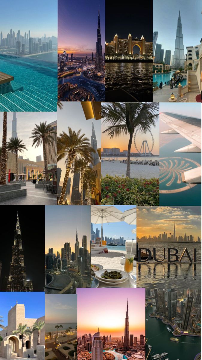 a collage of pictures with buildings, water and palm trees in the foreground