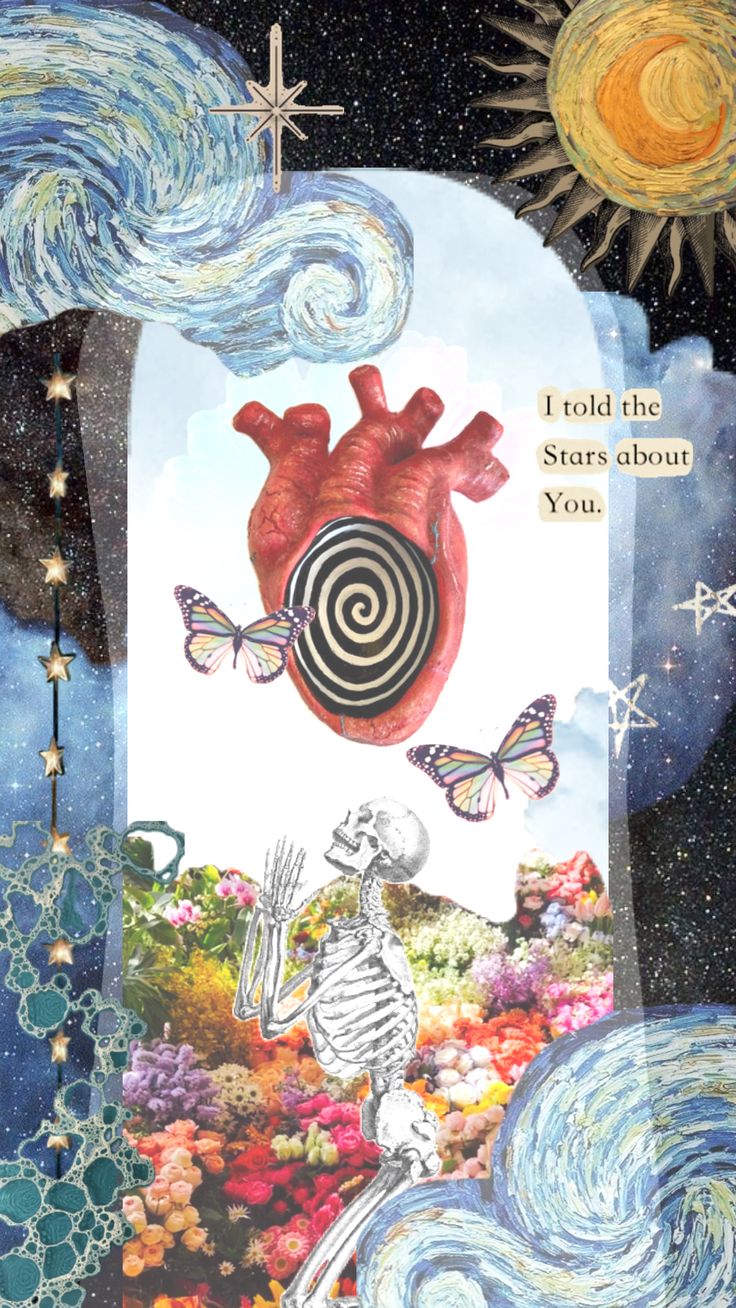 a card with an image of a heart surrounded by flowers and butterflies in the sky