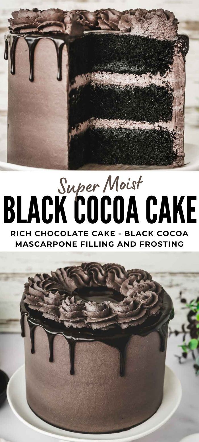 a chocolate cake on a white plate with the words super moist black cocoa cake above it