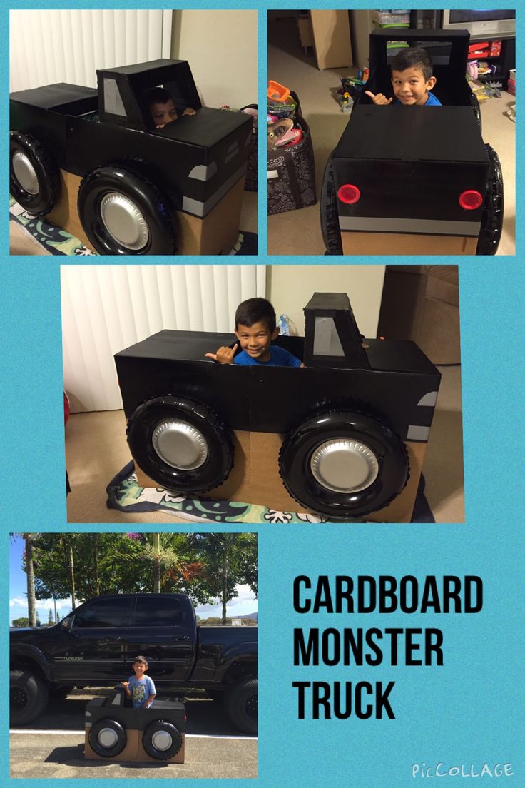 there is a cardboard monster truck with kids in it