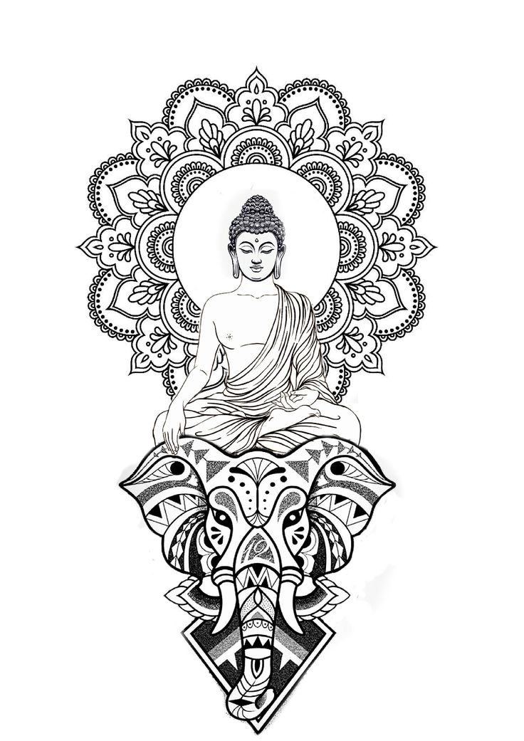 the buddha is sitting on top of an elephant's head and surrounded by flowers