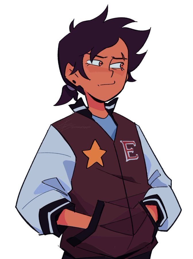 a cartoon character with black hair and an orange star on his chest, wearing a brown vest