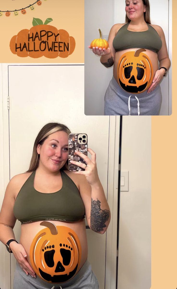 the pregnant woman is holding her cell phone in front of her belly and wearing an orange pumpkin costume