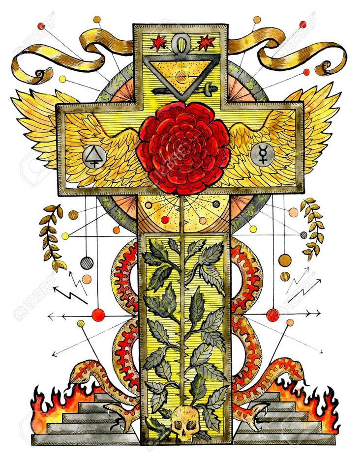 a cross with wings and a rose on the center is surrounded by other symbols, such as