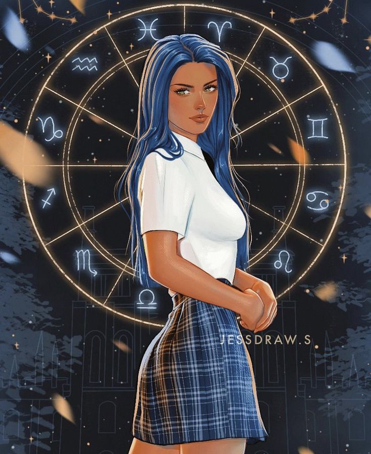 a woman with blue hair standing in front of a zodiac sign