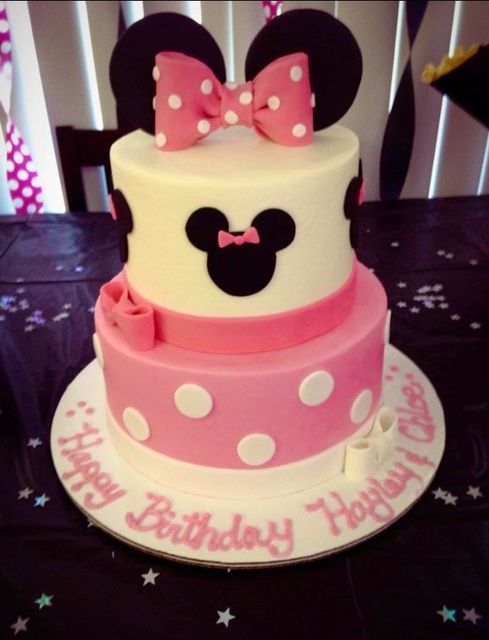 a minnie mouse birthday cake with pink and white frosting