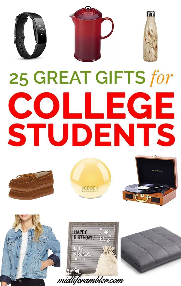 the cover of 25 great gifts for college students, including coffee mugs and other items