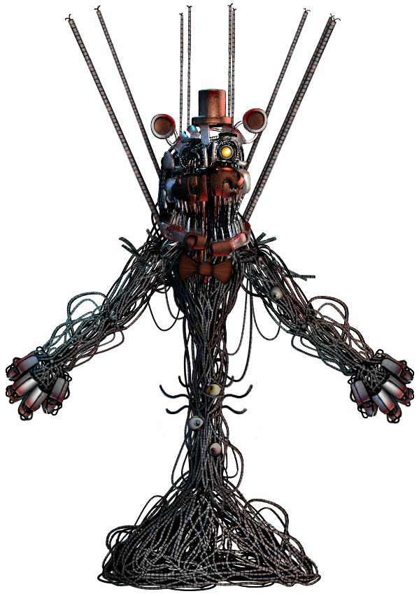 a wire sculpture with many wires attached to it's arms and legs, including two heads