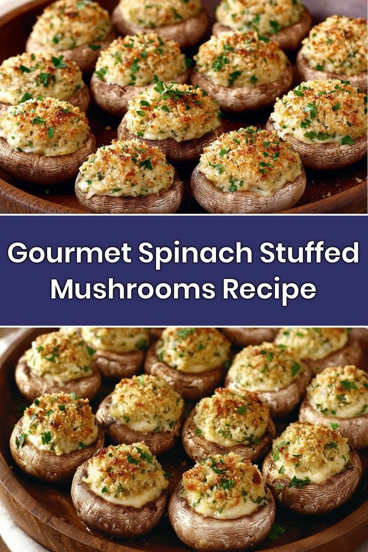 Indulge in these delicious gourmet spinach stuffed mushrooms that are perfect for any occasion! Each mushroom cap is filled with a creamy spinach mixture, baked to perfection, and garnished with crunchy breadcrumbs. These tasty appetizers are sure to impress your guests! Click to discover my recipe and bring these mouthwatering bites into your kitchen! Stuffed Mushrooms Recipes, Stuffed Mushrooms With Spinach, Boursin Stuffed Mushrooms, Stuffed Mushroom Recipes, Baked Stuffed Mushrooms, Mushroom Bake, 2024 Holidays, Breaded Mushrooms, Pork Chop Recipes Grilled